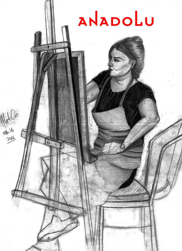 Karakalem İmgesel YağlıBoya Yapan Kadın Çizimi Bursa